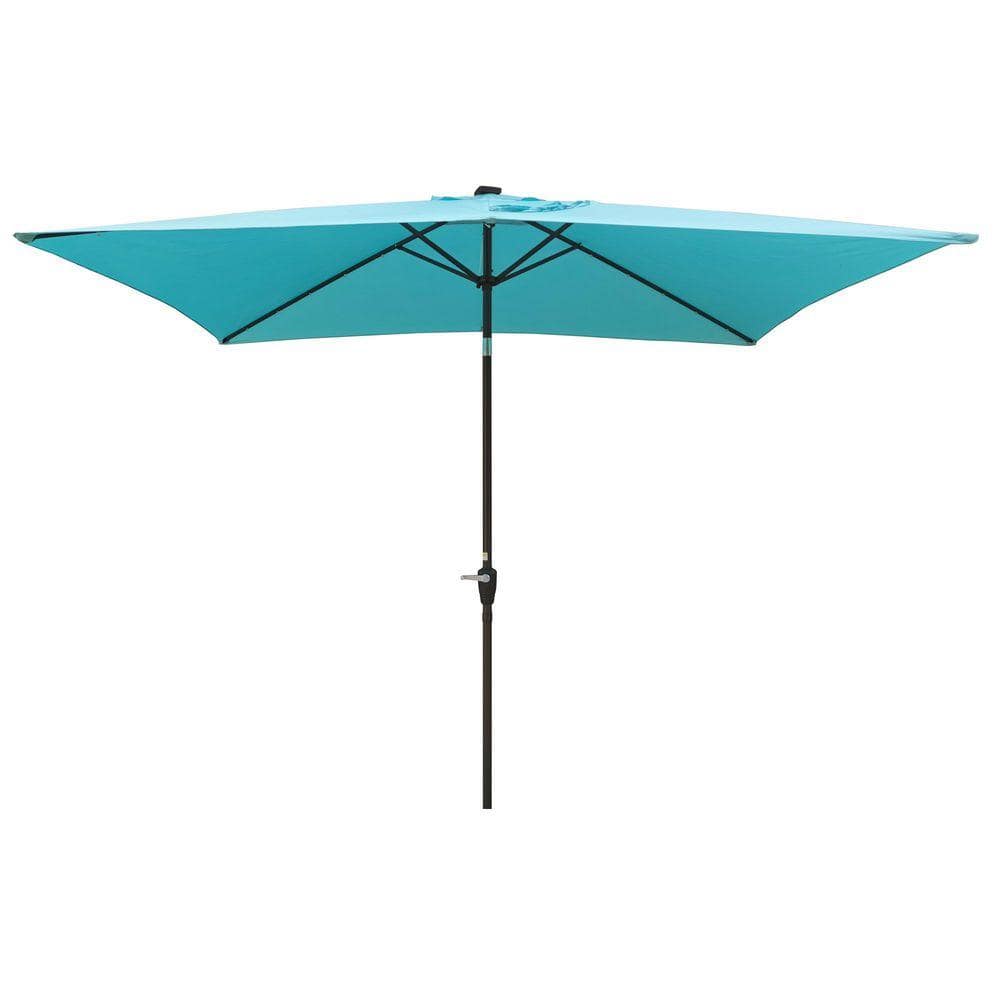 BANSA ROSE CoolSum 10 x 6.5 ft. Steel Push-Up Solar LED Lighted Patio Umbrella in Turquoise with Crank and Tilt, UV-Resistant
