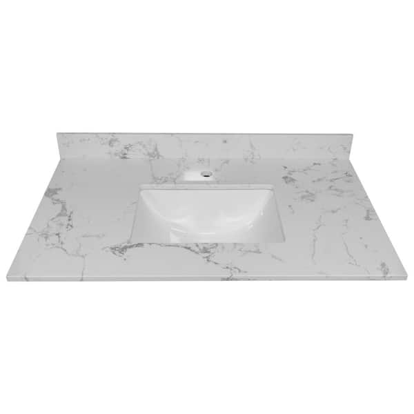 INSTER 37 in. W x 22 in. D Stone Bathroom Vanity Top in Carrara White with White Rectangle Single Sink-1H