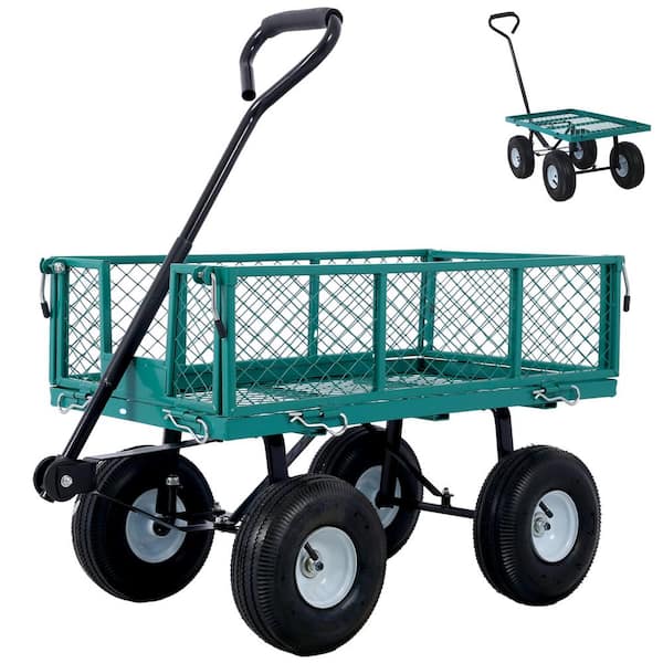 GAWEZA 3 cu. ft. Steel Garden Cart with Wheels 500 lbs. Utility Cart Wagon with 180° Rotating Handle and Removable Sides, Green