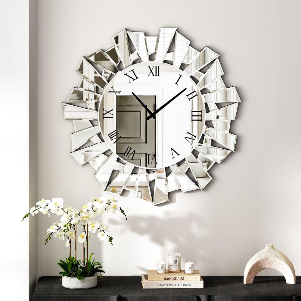 THKSHOUZ Sliver Analog Mirrored Glass Roman Numerals Wall Clock SF