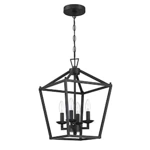 12 in. W 4-Lights Farmhouse Chandelier Black Pendant -Light Fixture With Metal Cage