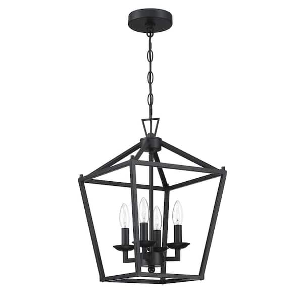 Pia Ricco 12 in. W 4-Lights Farmhouse Chandelier Black Pendant -Light Fixture With Metal Cage
