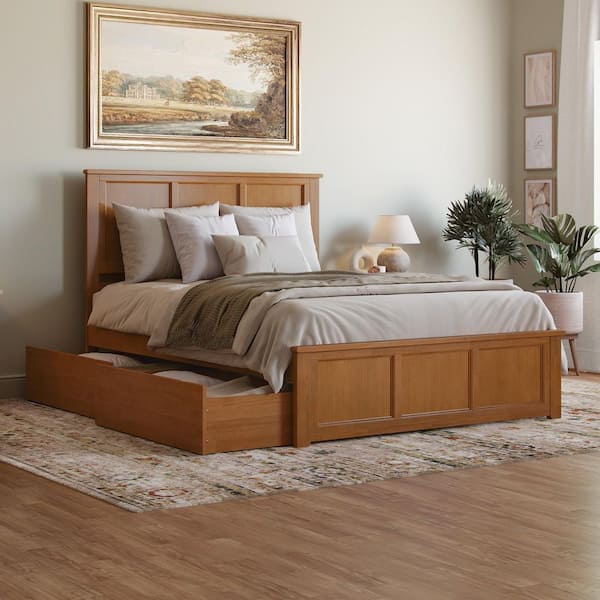 AFI Madison Light Toffee Natural Bronze Solid Wood Frame Queen Platform Bed with Matching Footboard and Storage Drawers