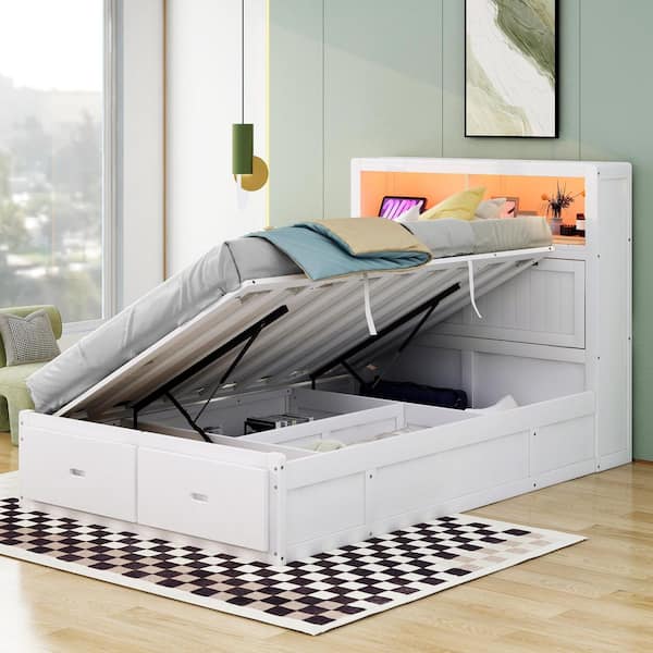 Lee White Wood Frame Full Size Platform Bed with LED Headboard, Side-Tilt Hydraulic Storage, 2 Drawers, Charging Station