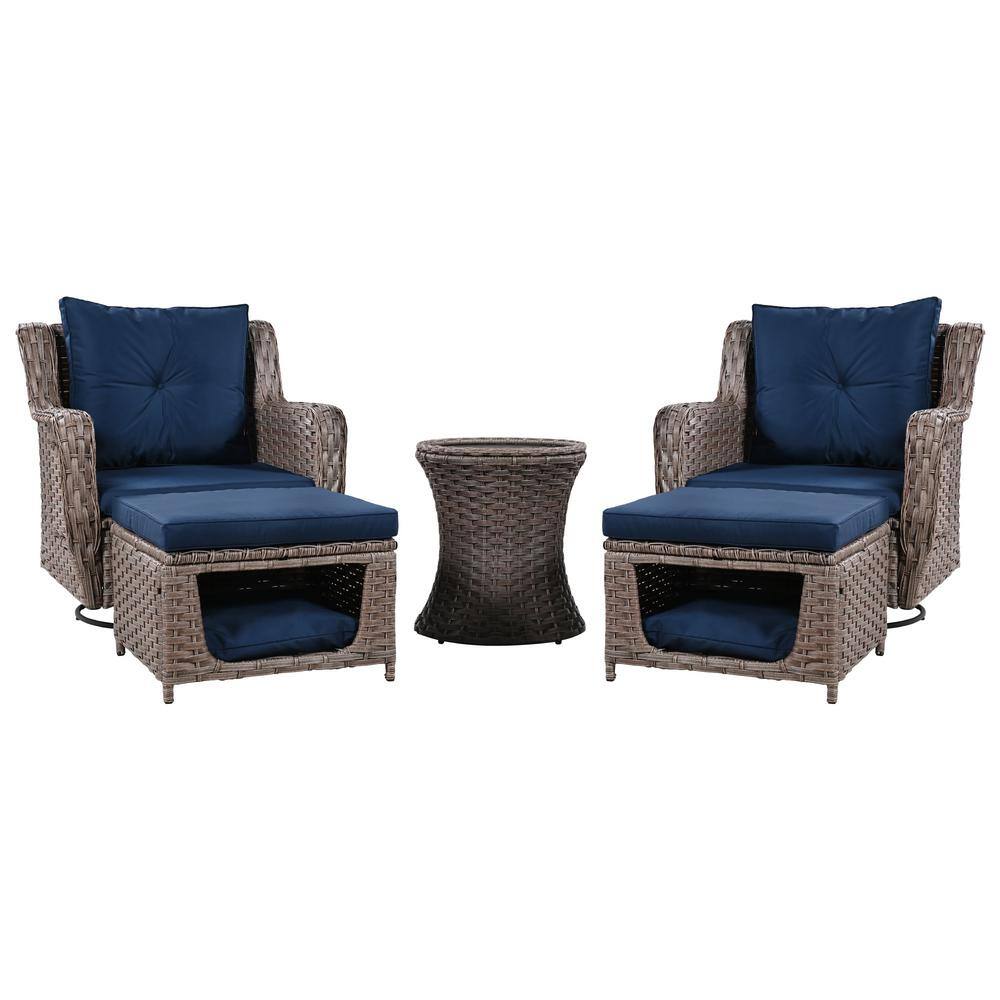 5-Piece Rattan Wicker Patio Conversation Set Patio Swivel Rocking Chairs Set with Pet House Cool Bar and Blue Cushions price history on PriceWatchPro