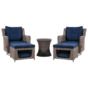5-Piece Rattan Wicker Patio Conversation Set Patio Swivel Rocking Chairs Set with Pet House Cool Bar and Blue Cushions