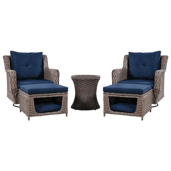 Zeus & Ruta 5-Piece Rattan Wicker Patio Conversation Set Patio Swivel Rocking Chairs Set with Pet House Cool Bar and Blue Cushions