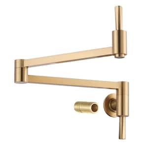 Wall Mounted Double Handle Pot Filler Folding Brass Kitchen Faucet with Swing Arm in Brushed Gold