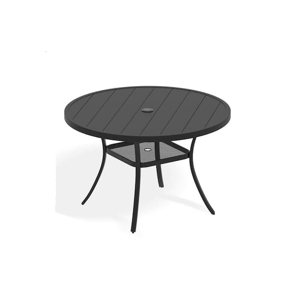 47.2 in. Round Tabletop Metal Outdoor Dining Table, Patio Table with Umbrella Hole for Garden Backyard, Black