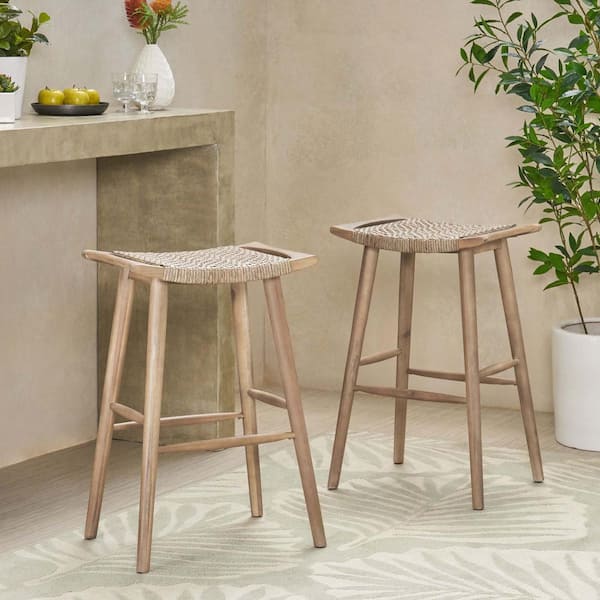 Noble House Pulaski Light Brown Acacia Wood and Faux Rattan Outdoor Patio Bar Stool (Set of 2)