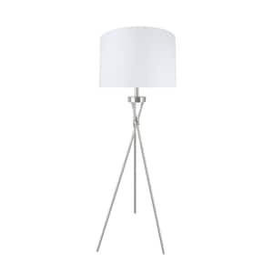59 in. Satin Nickel Tripod Floor Lamp with White Lamp Shade