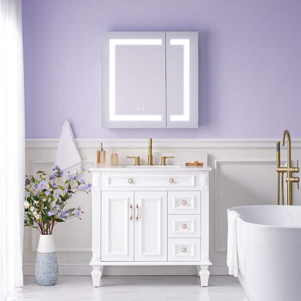 30 in. W x 30 in. H Rectangular Aluminum Recessed or Surface Mount Medicine Cabinet with Mirror and Lighted,Double Doors