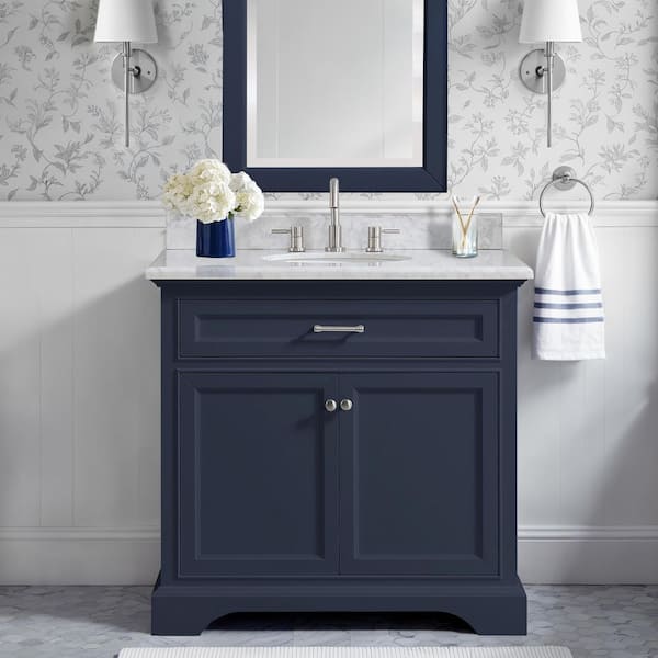 Windlowe 37 in. Single Sink Navy Blue Bath Vanity with White Carrara Marble Top (Assembled)