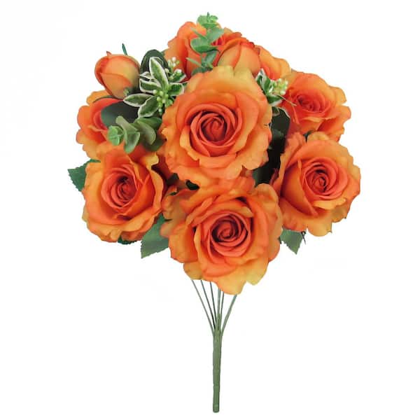 LIVING LUXURY 20 in. Deluxe Orange Artificial Sweet Rose Flower Stem Bush Bouquet (Set of 2)