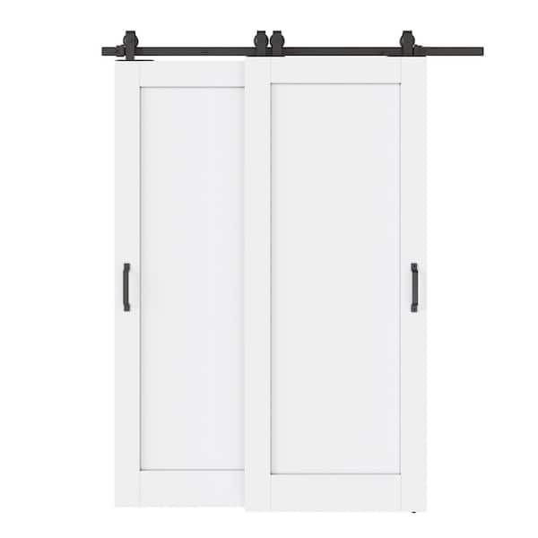 56 in. x 80 in. (Double 32 in. ) 1-Panel White Primed Solid Core MDF Interior Sliding Door with Hardware Kit Bypass