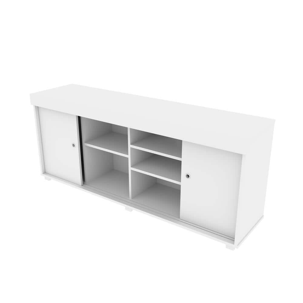 Modern White Particleboard TV Stand with Open Shelves and Cabinet