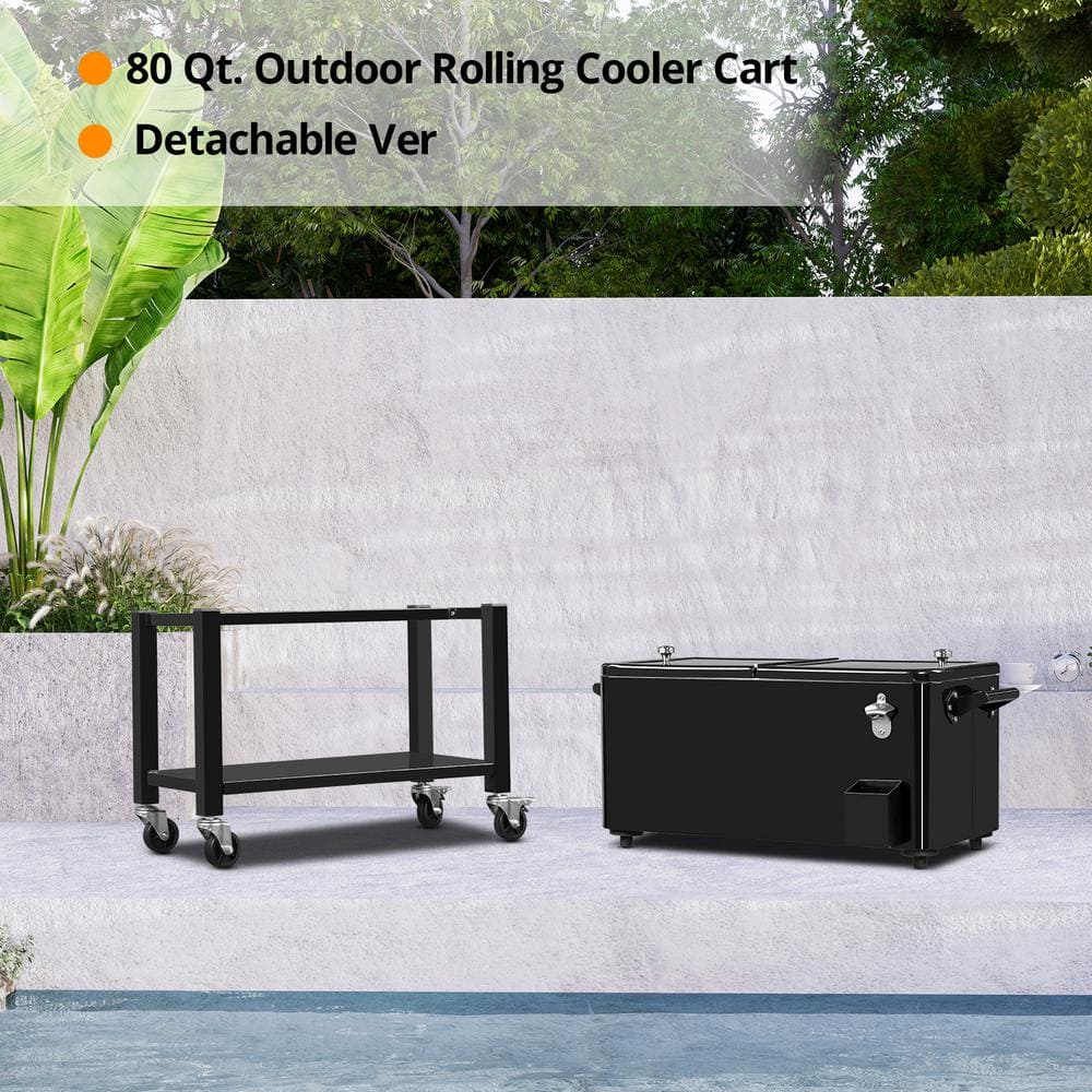 Black Metal 80 Qt. Outdoor Rolling Cooler Cart with Detached Lid