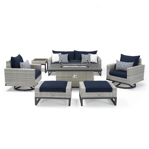RST BRANDS Milo Gray 7-Piece Wicker Motion Fire Pit Conversation Set with Sunbrella Navy Blue Cushions