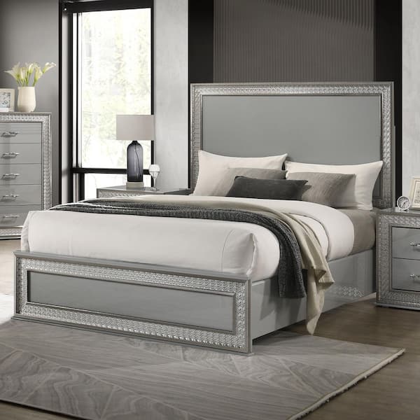 Furniture of America Maecel Metallic Gray Wood Frame Queen Platform Bed with Non-LED Rectangular Headboard