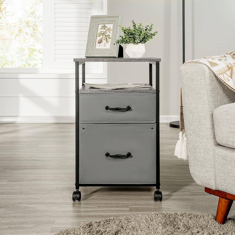 Gray Metal and Wood Rolling 2-Drawer Nightstand