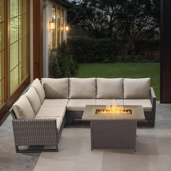 U-Weave 4-Piece Brown Wicker Outdoor Rectangular Fire Pit Conversation Set with Beige Cushions and Sectional Sofa