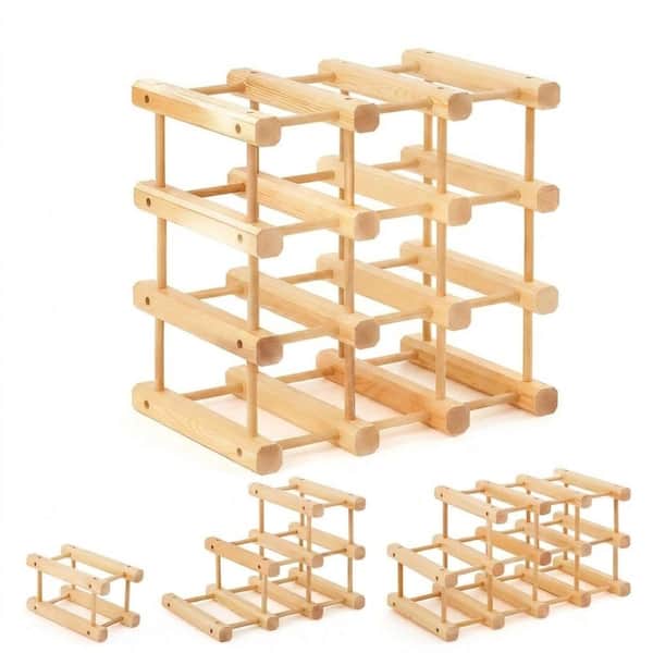 12-Bottle Stackable Modular Wooden Wine Rack DIY Assembly No Nails Countertop Cabinet Storage Holder