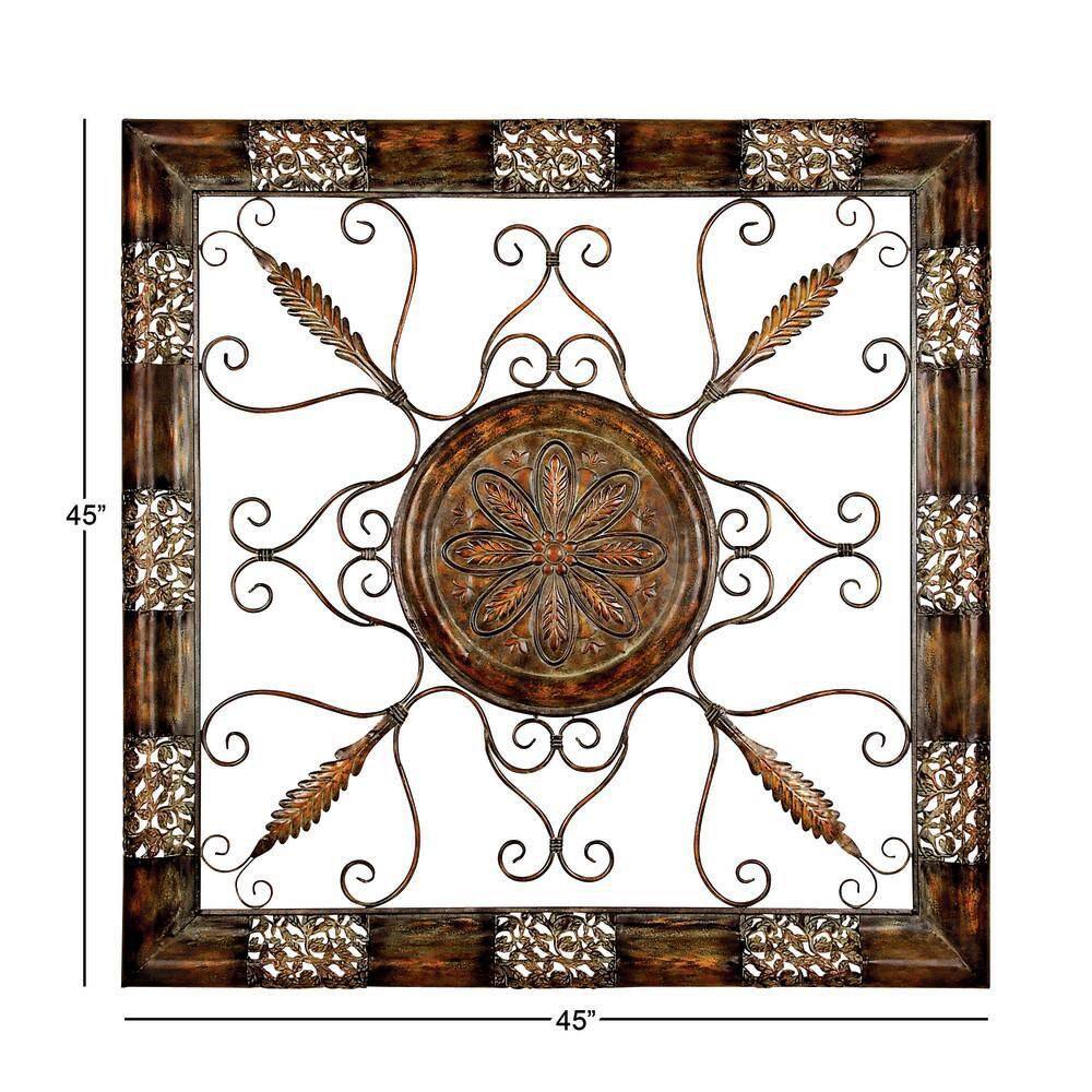 Bronze Finish Floral Scroll Square Wall Sculpture