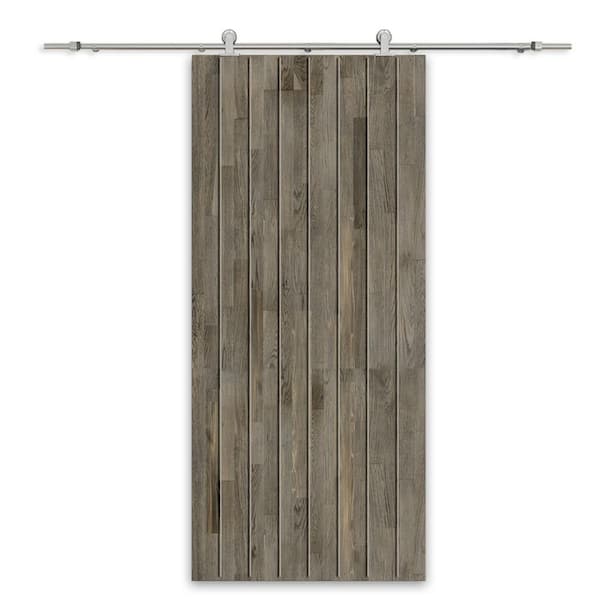 CALHOME 38 in. x 80 in. Weather Gray Stained Pine Wood Modern Interior Sliding Barn Door with Hardware Kit