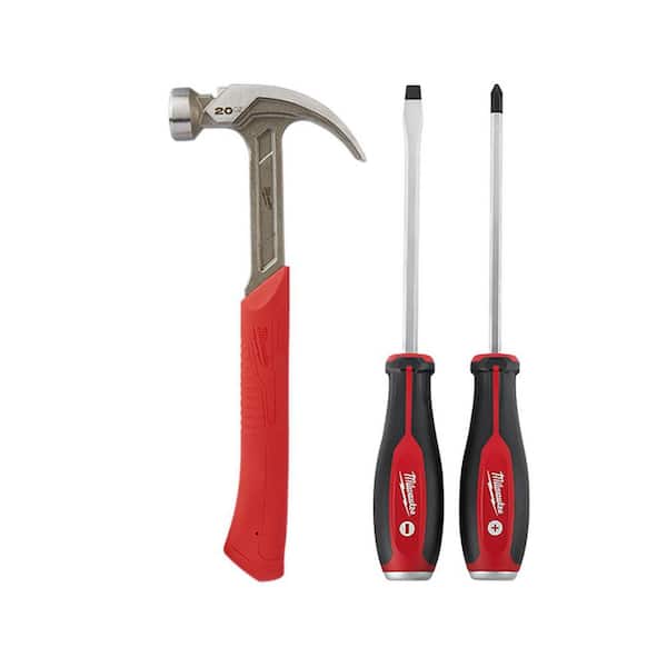 Milwaukee 20 oz. Curved Claw Smooth Face Hammer with 2-Piece Demo Screwdrivers