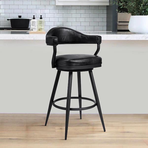 Armen Living Amador 26 in. Counter Height Bar Stool in a Black Powder Coated Finish and Vintage Black Faux Leather