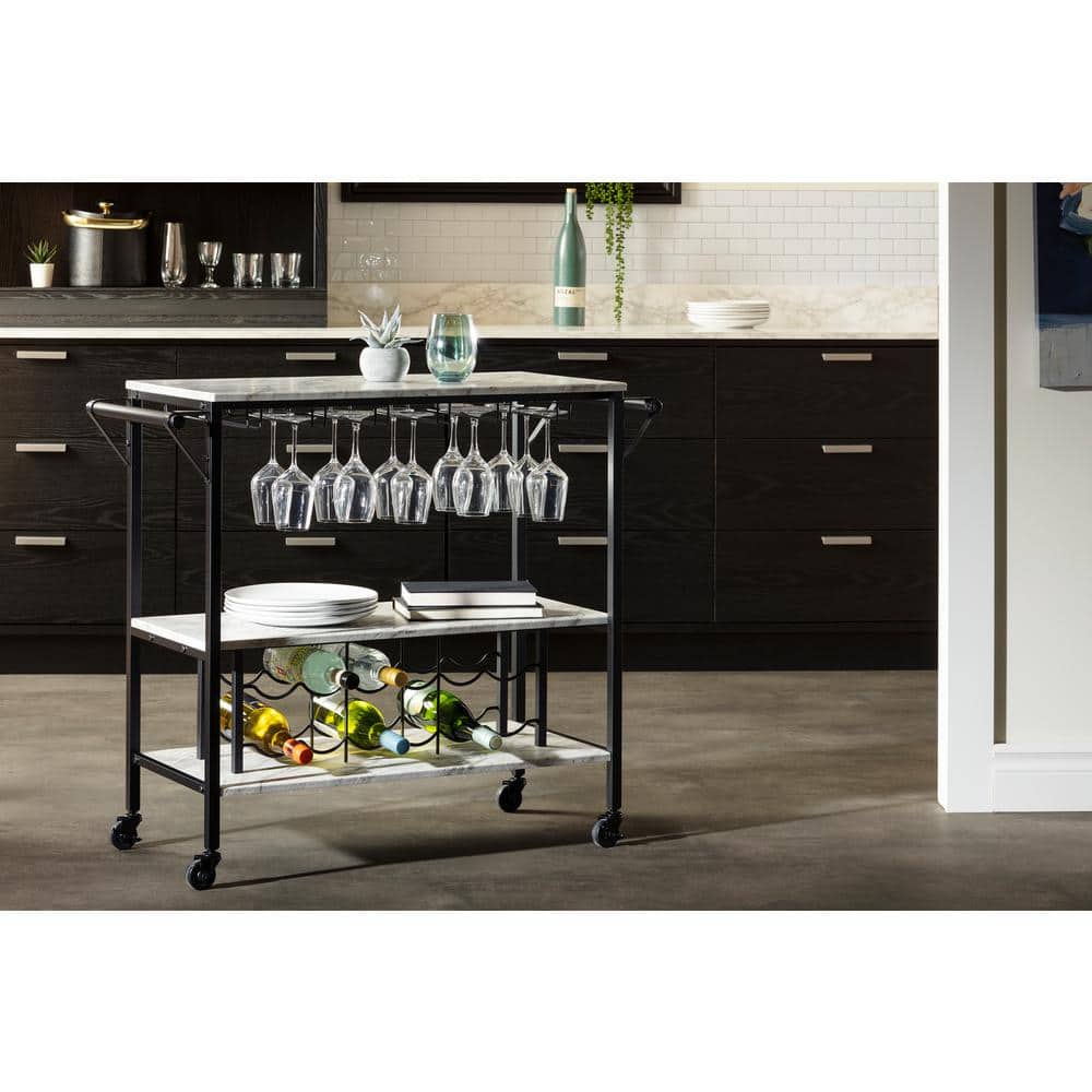 Black Faux Marble Rectangular Bar Cart with Wine Rack