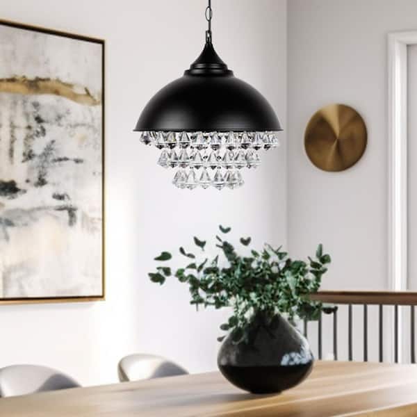 1-Light Black Industrial Crystal Pendant Light with Teardrop Shape for Dining Room E26 (Light Bulbs Not Included)