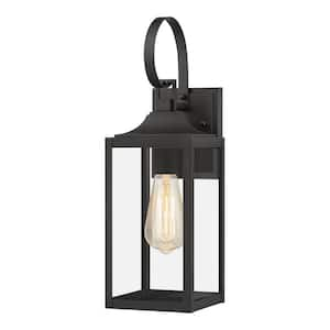 Havenridge 16.6 in. 1-Light Matte Black Hardwired Outdoor Wall Light Lantern Sconce with Clear Glass (1-Pack)