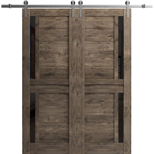 Sartodoors 24 in. x 96 in. 2 Panel Frosted Glass Cognac Oak Solid Wood Sliding Barn Door with Hardware Kit