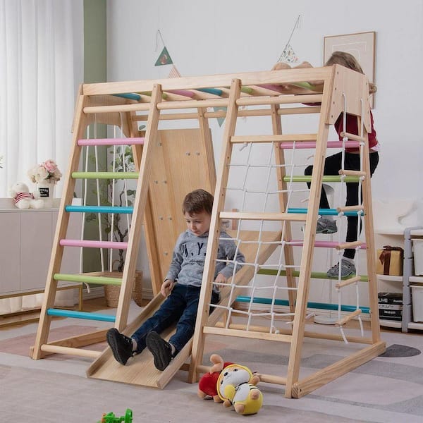 Magnolia Indoor Wood 6-in-1 Playset, Slide, Rock Climb Wall, Rope Wall Climbing - Large, Colored Bars