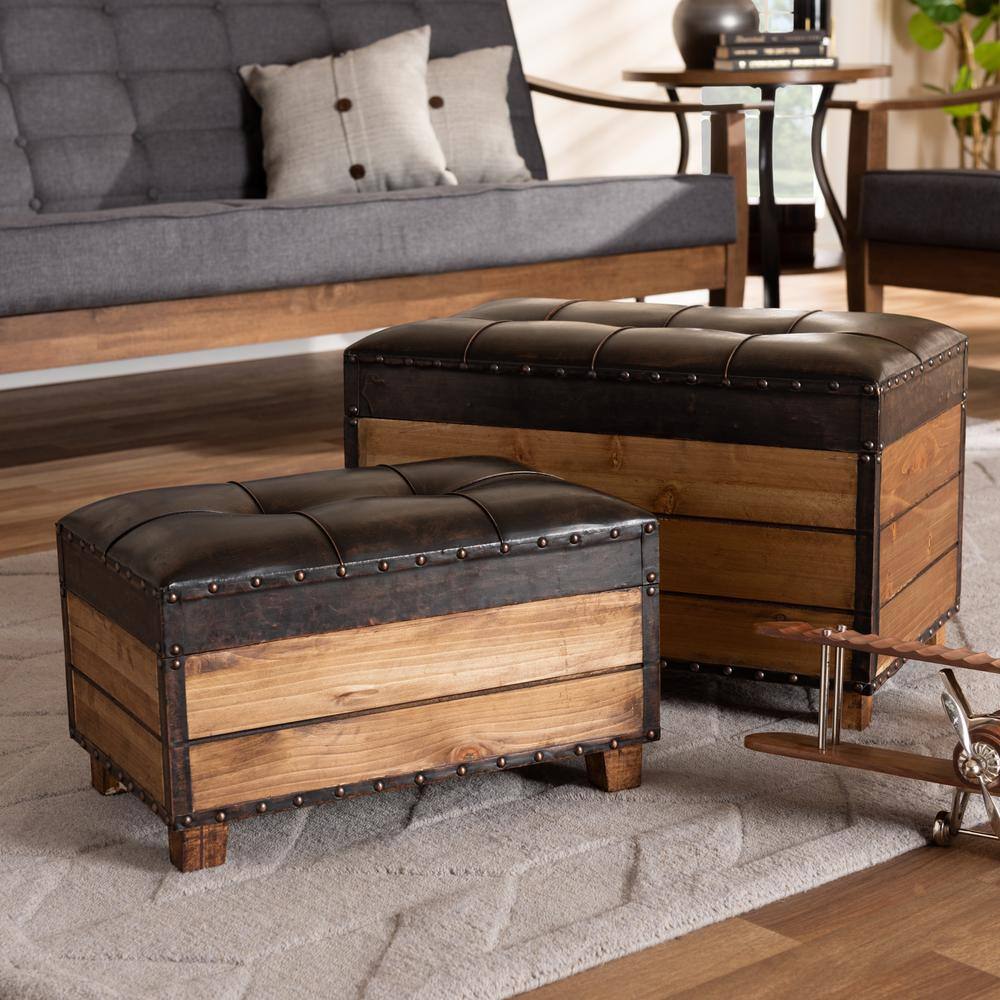 Rustic Dark Brown Faux Leather Tufted Trunk Ottoman Set