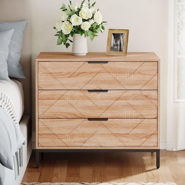 Fenley Brown 3-Drawer 31.5 in. W Tall Modern Nightstand Large Bedside Table with 4-Sturdy Legs for Bedroom