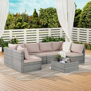 7-Piece Wicker Outdoor Patio Conversation Set with Khaki Cushions and Tempered Glass Coffee Table