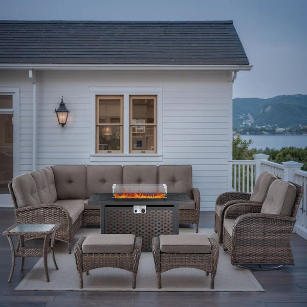 Carlos 8-Piece Wicker Outdoor Patio Fire Pit Conversation Sectional Sofa Set with Swivel Glider Chairs and Gray Cushions