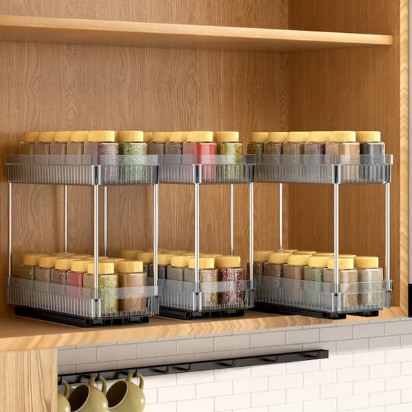 3 Pack Pull Out Spice Rack Organizer for Cabinet, 2 Tier Slide Out Spice Racks Organizer, Clear