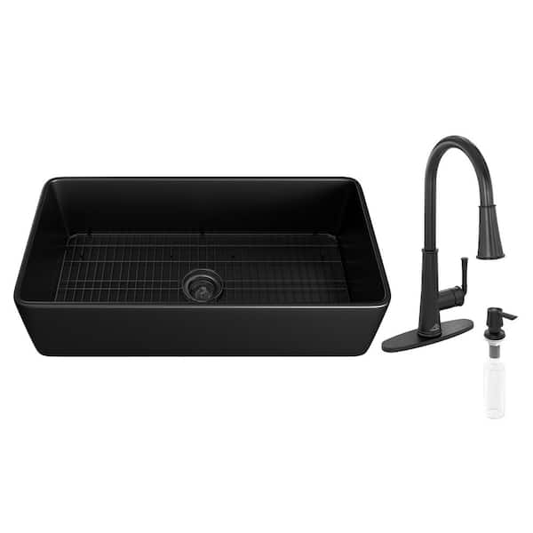 CASAINC Black Fireclay 36 in. Single Bowl Farmhouse Apron Kitchen Sink with Faucet and Accessories All-in-One Kit, 36 in. Matte Black Fireclay Kitchen