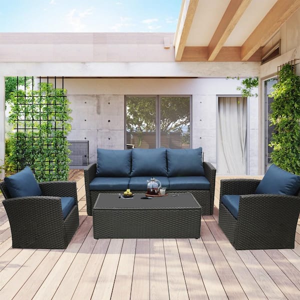 SUNVIVI 4-Piece Wicker Conversation Set with Navy Blue Cushions