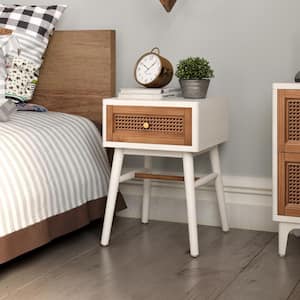 Hathorn 1-Drawer Fully-Assembled Modern Farmhouse Nightstand with Rattan Front, White&Brown 14.76"D x 14.96"W x 21.26 "H