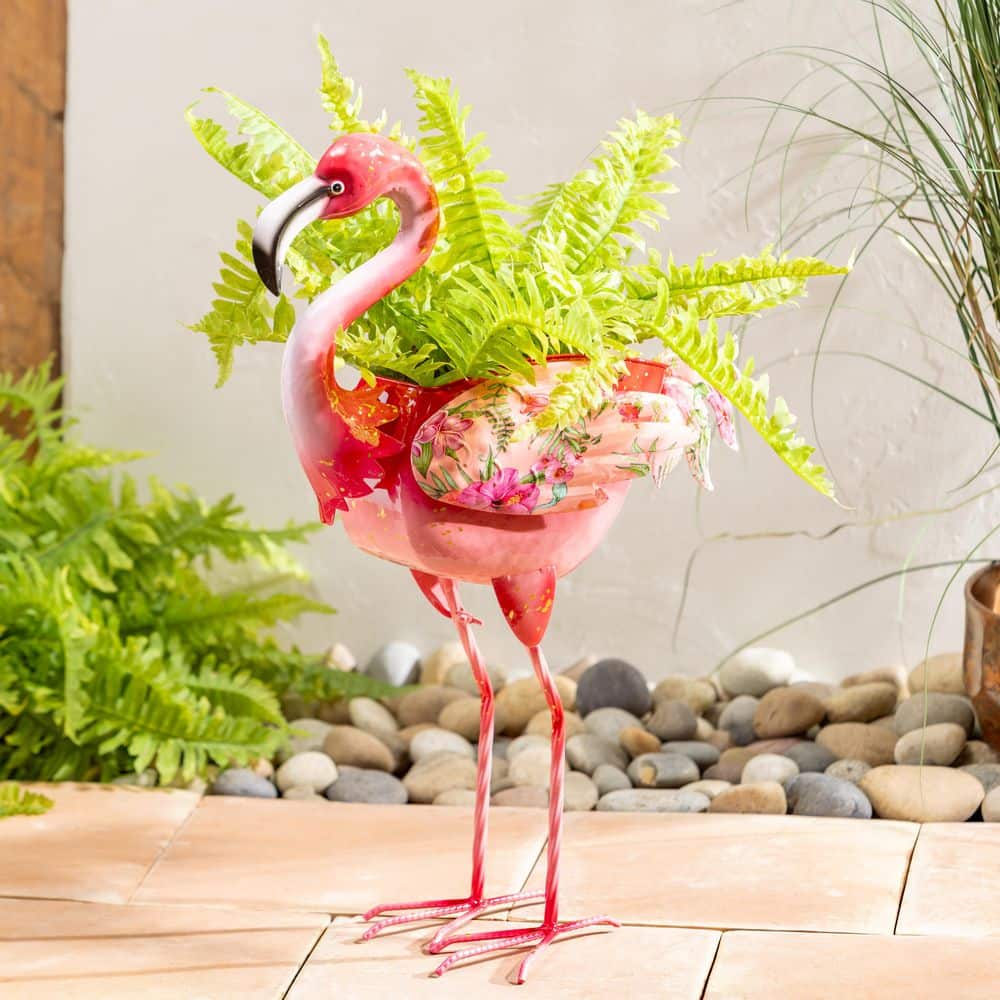Evergreen 16 in. Floral Flamingo Metal Garden Planter PLP9PFMTL326