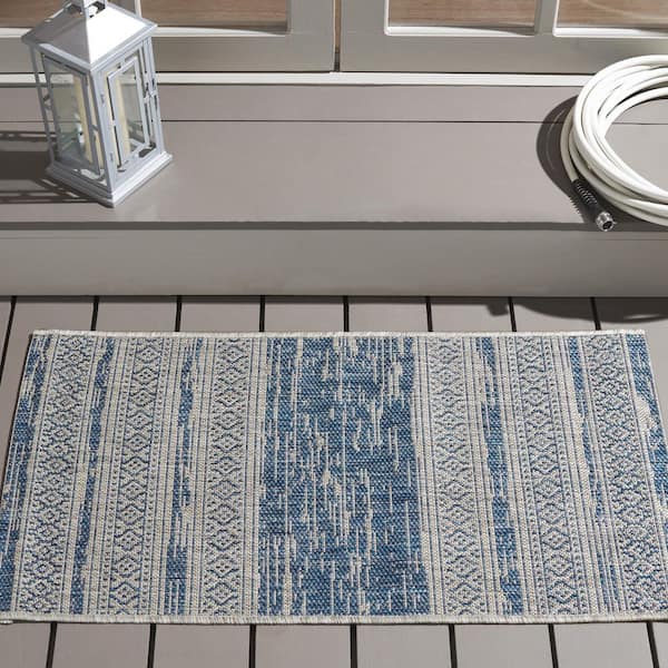 Courtyard Navy/Gray 2 ft. x 4 ft. Aztec Striped Indoor/Outdoor Area Rug