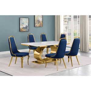 Ibraim 7-Piece Rectangle White Marble Top Gold Stainless Steel Dining Set With 6-Navy Blue Velvet Gold Chrome Iron Chair