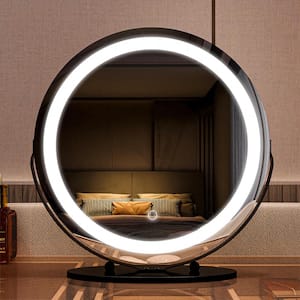 19 in. Round 3-Color-LED Touch Screen, Makeup Dimmable Lighted Mirror for Table in Black Frame