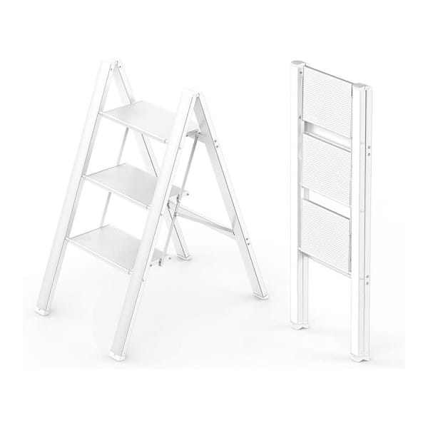 3 Step Ladder Foldable Aluminum Lightweight for Home Kitchen Closet Anti-Slip Pedals Portable 300 lbs. Capacity