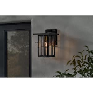 Glenfield Small 12 in. 1-Light Black Outdoor Wall Light Fixture with Seeded Glass