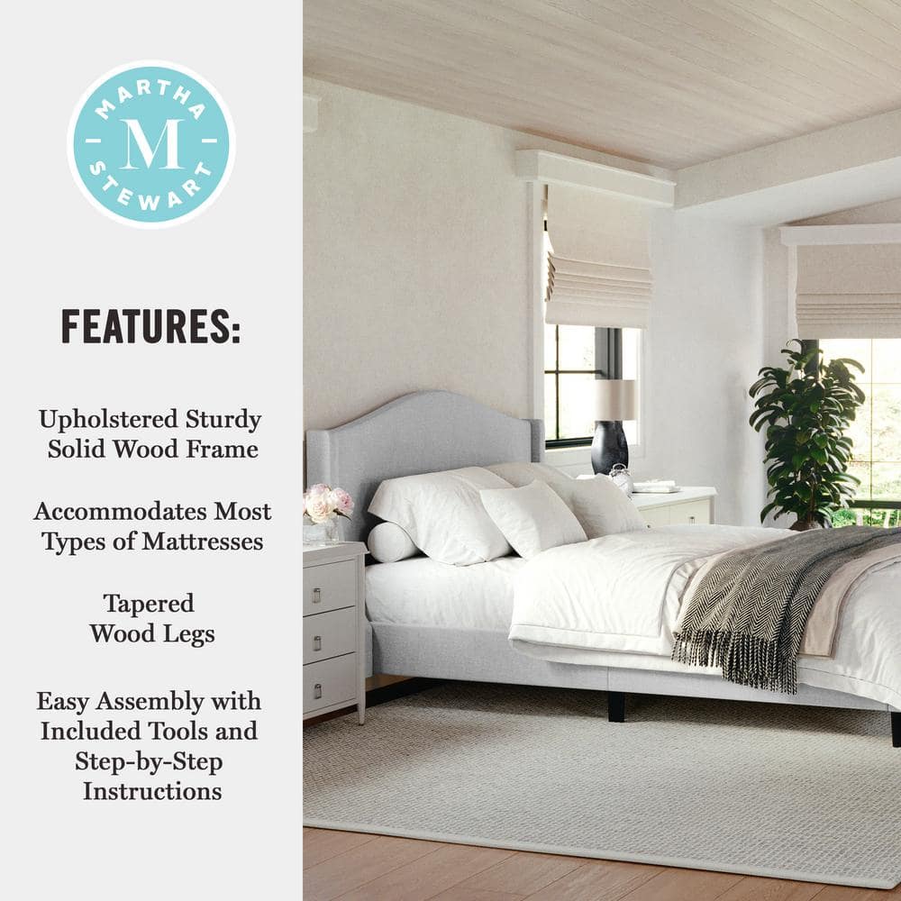 Gray Queen Upholstered Platform Bed with Curved Headboard and Wood Frame